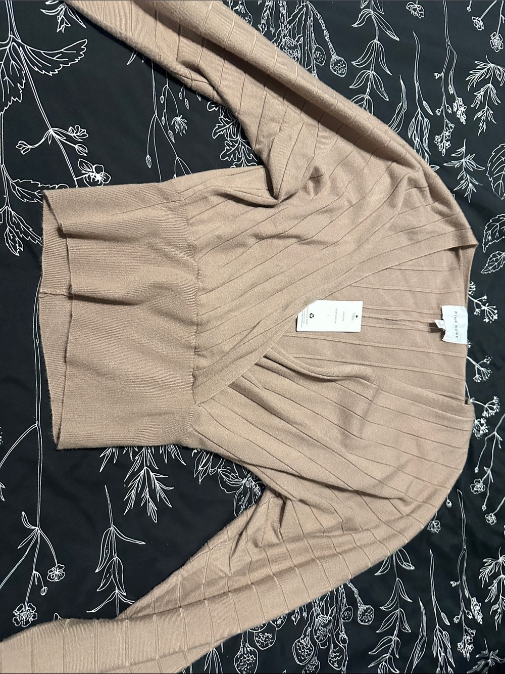 Pink Rose Ribbed Wrap-Front Sweater in Taupe